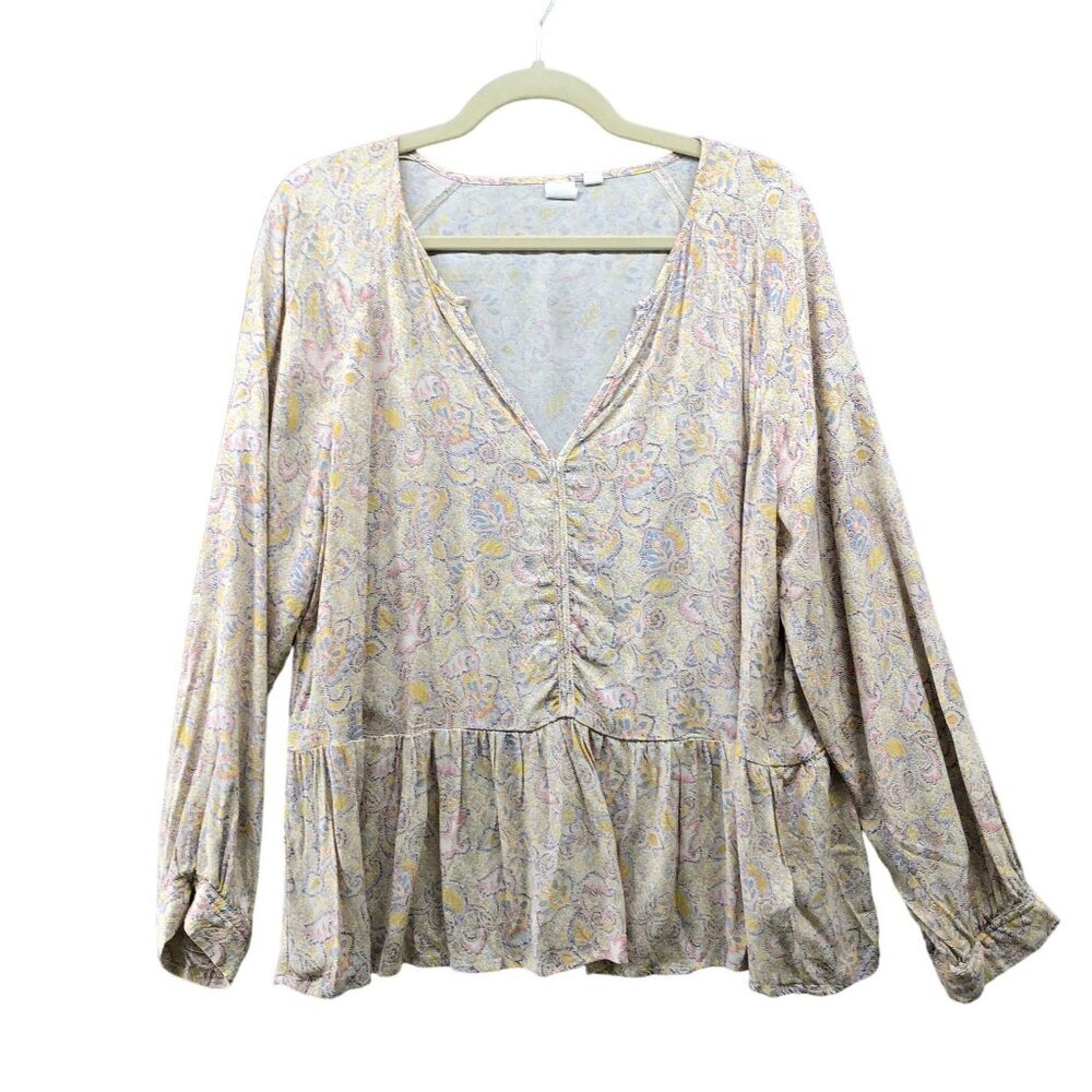 Gap Long Sleeve Peplum Blouse Womens L Floral Pink‎ Multicolor Split Neck
